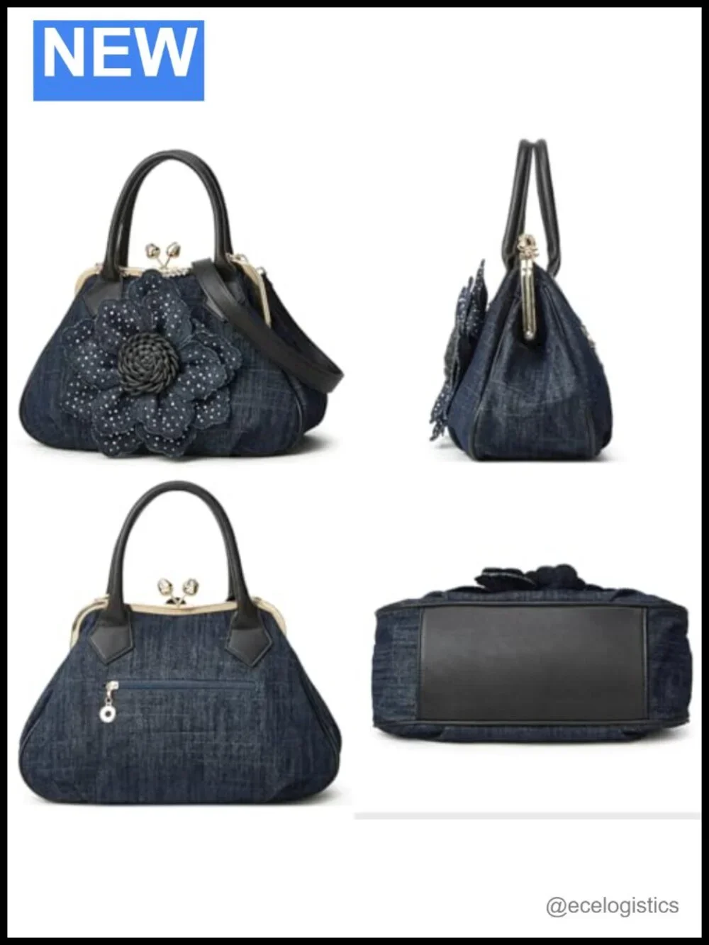 Denim Kiss Lock Tote Handbag Rhinestone Floral Clutch Crossbody Shoulder Bag